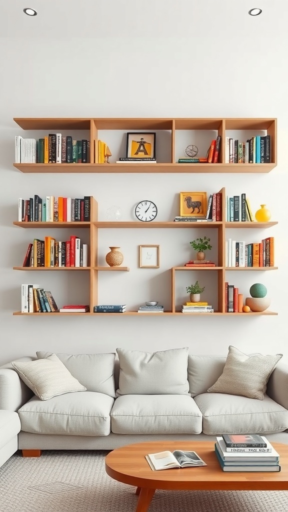 A modern living room with floating shelves displaying books and decorative items.