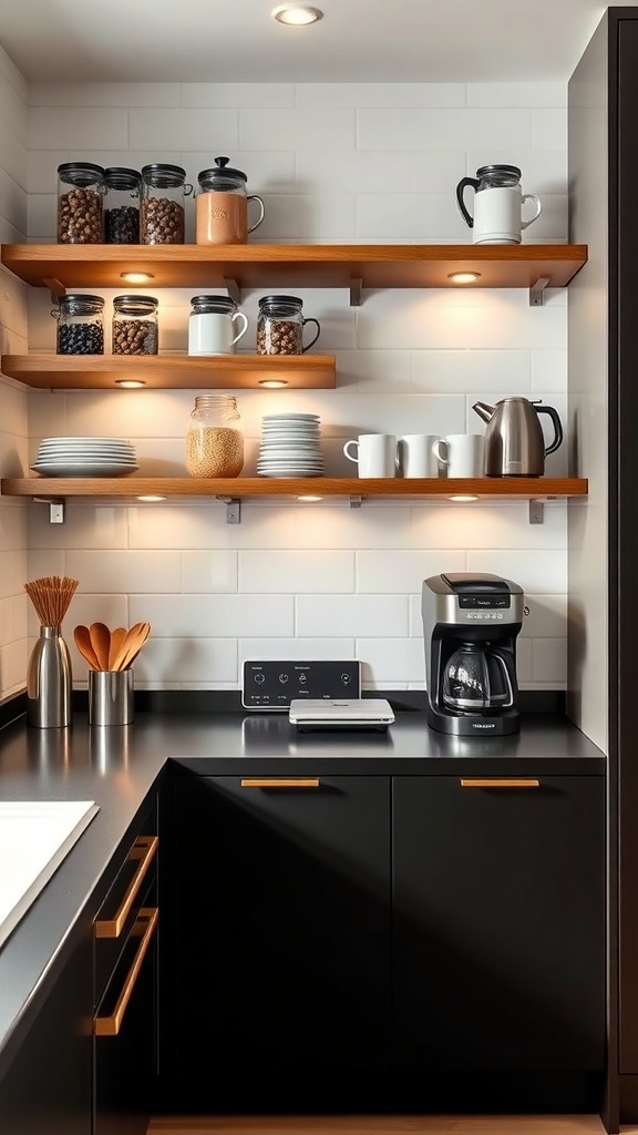 A modern kitchen with floating wooden shelves displaying coffee supplies and mugs.