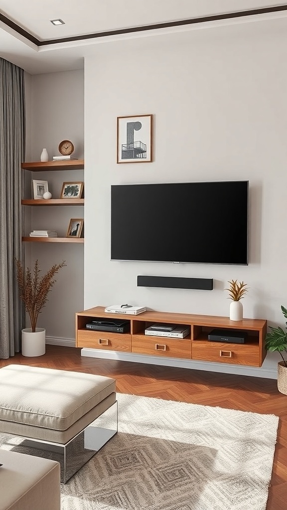 Modern living room with floating shelves and integrated TV wall