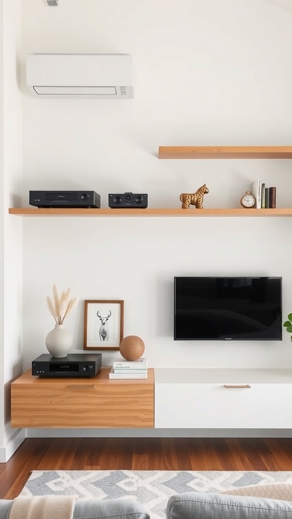 A minimalist media storage setup featuring floating shelves, a TV, and decorative items.