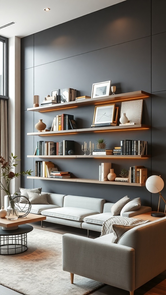 A modern living room featuring floating shelves with books and decor against a dark wall.