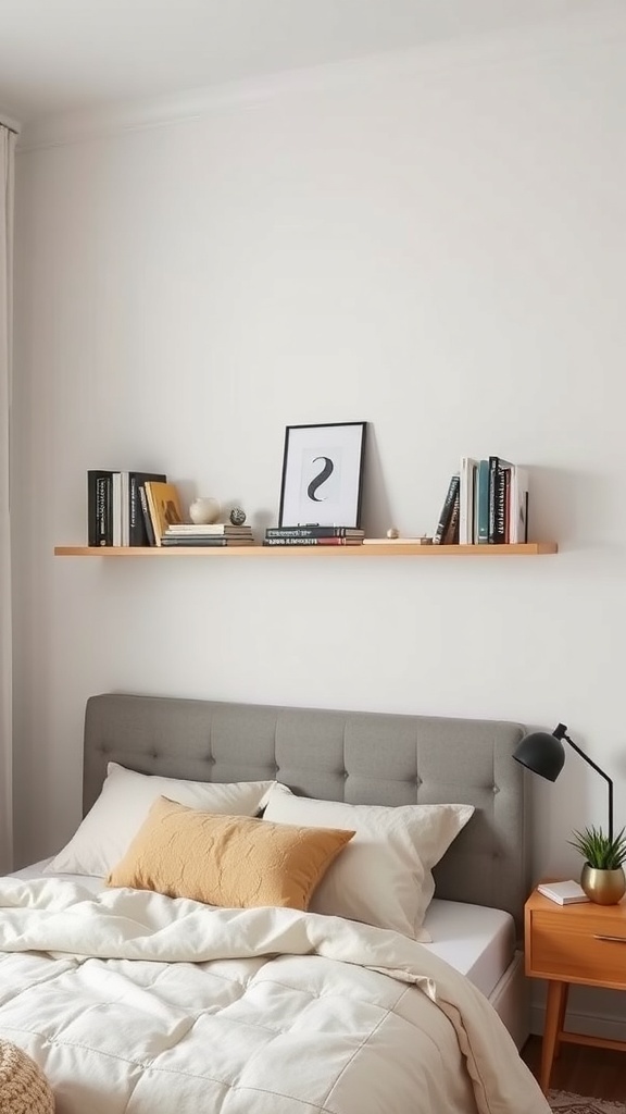 A minimalist bedroom with a floating shelf above the bed, displaying books and decorative items.