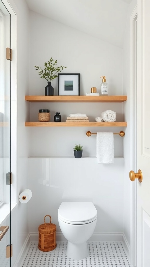 A small bathroom featuring floating wooden shelves with decorative items and towels.