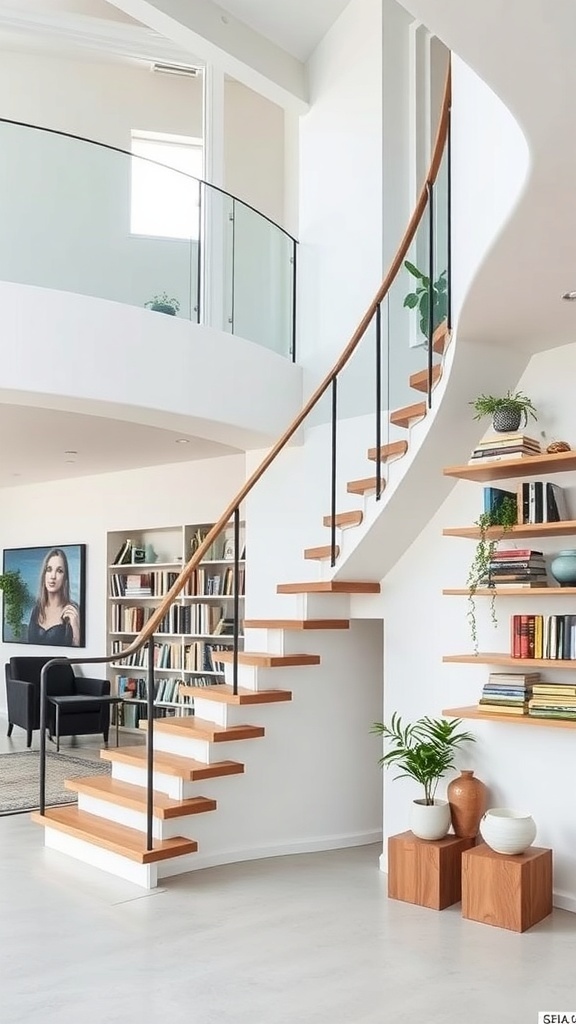 A modern staircase with floating wooden shelves displaying books and plants.