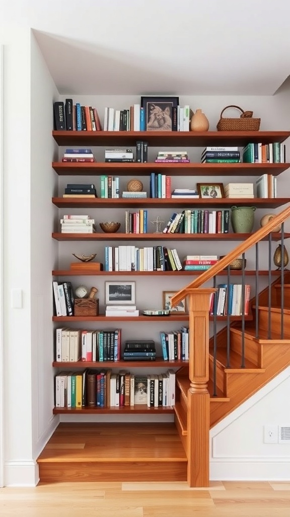 A staircase with floating shelves displaying books and decorative items.