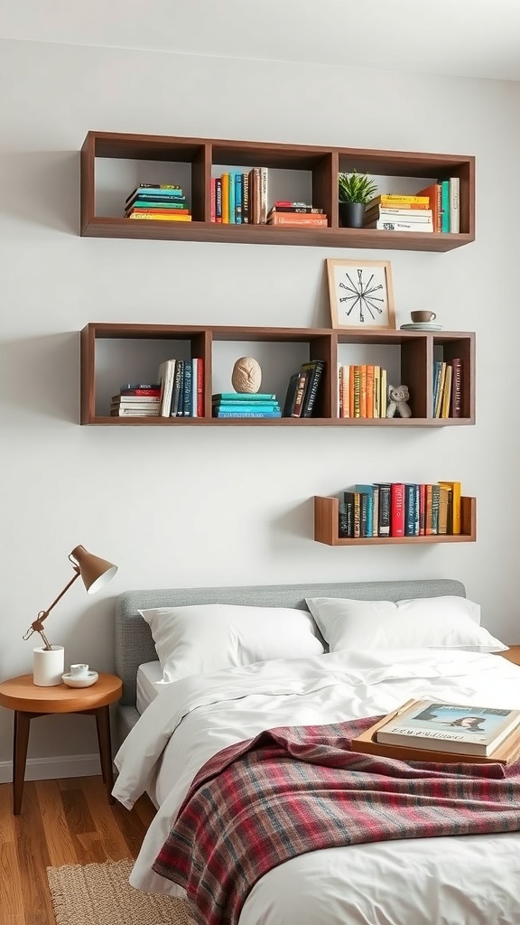 Stylish floating shelves in a bedroom displaying books and decorative items.