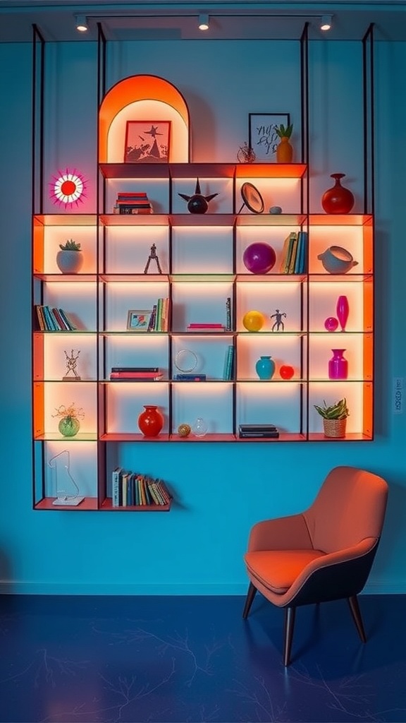 Colorful floating shelves with various decorative items and a cozy chair.