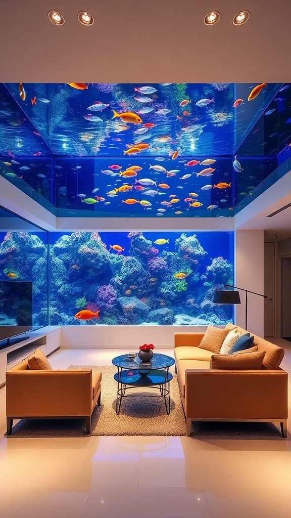 A luxurious floor-to-ceiling aquarium filled with colorful fish and coral, creating a stunning visual in a modern living room.