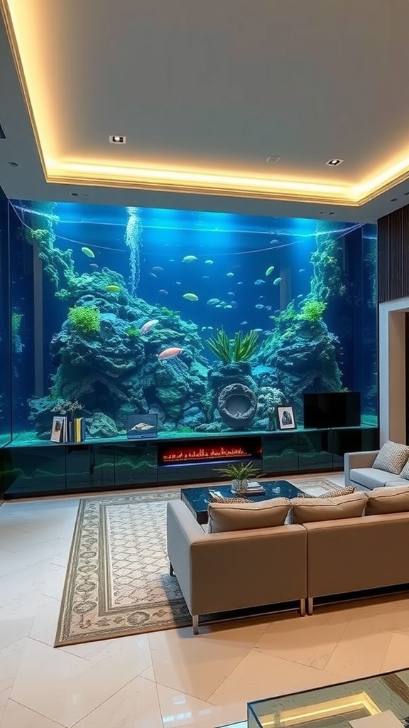 A luxurious floor-to-ceiling aquarium with colorful fish and coral, enhancing the interior of a modern living room.