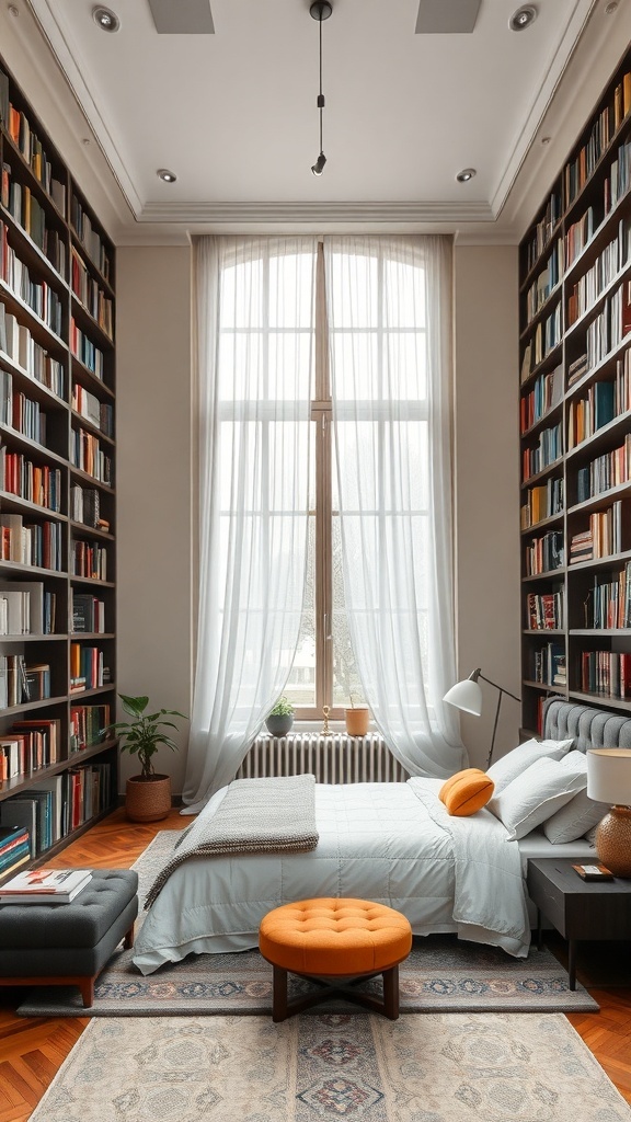 A cozy bedroom featuring floor-to-ceiling bookshelves filled with colorful books, a large window with sheer curtains, and a comfortable reading nook.