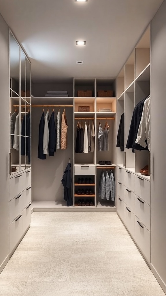 A modern floor-to-ceiling wardrobe showcasing organized clothes and accessories in a minimalist dressing room.
