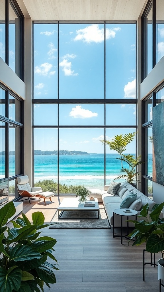 A modern living room with floor-to-ceiling windows showcasing a beautiful ocean view.