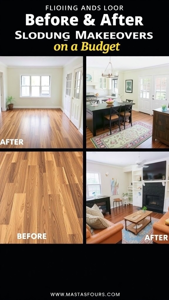 Before and after images of a home flooring makeover showing a transformation from old to new flooring.
