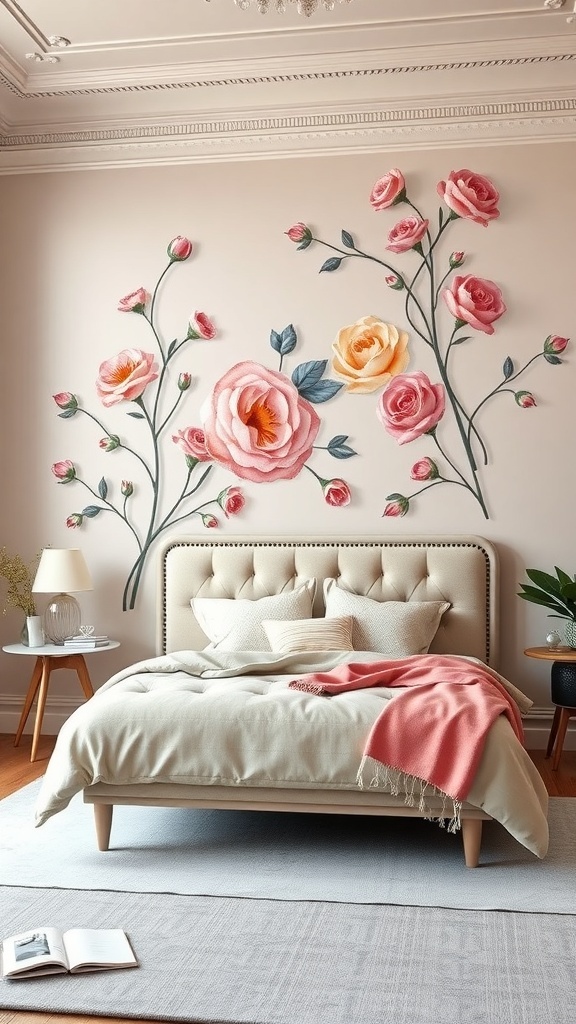 A beautifully painted mural of pink and yellow roses on a bedroom wall, enhancing the elegant decor.