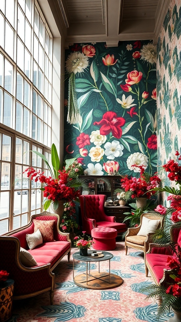 Ein maximalistisches Interieur mit floralen Wandmalereien und roten Möbeln
