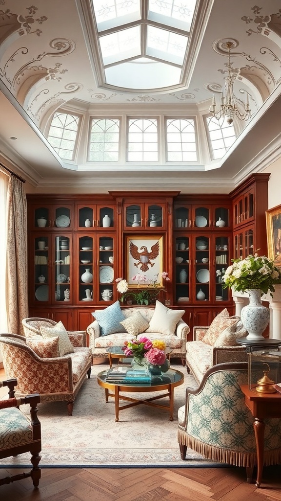 A cozy living room featuring floral patterns, a display cabinet, and natural light from large windows.