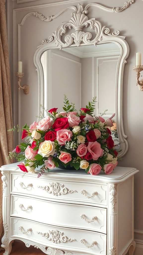 Floral arrangement of roses in a Rococo bedroom setting.
