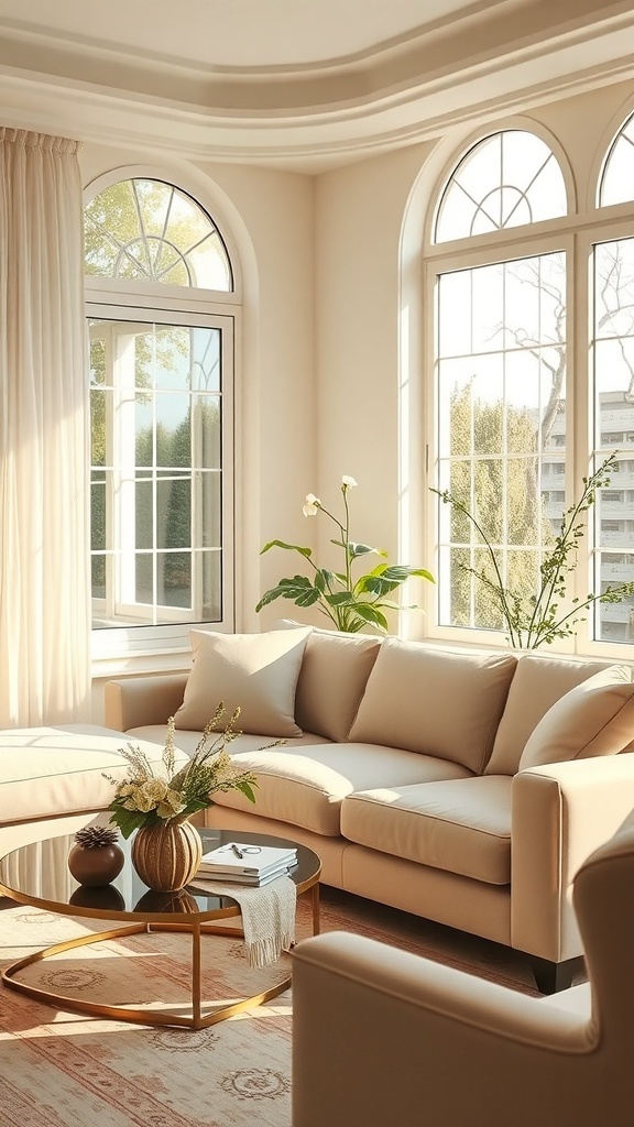 A bright Art Deco living room with a beige sofa, large windows, and a floral arrangement on a coffee table.
