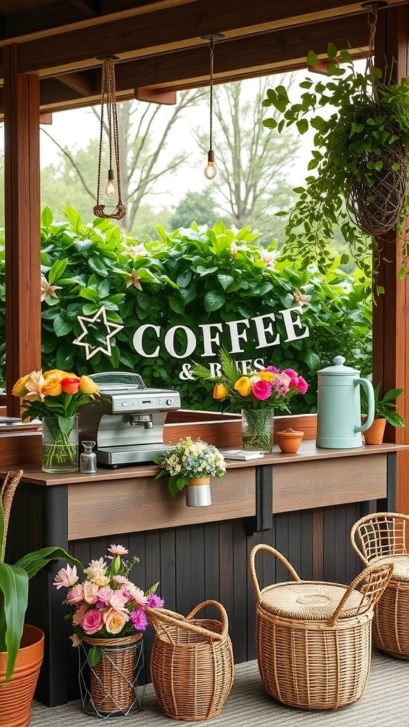 A charming outdoor coffee bar with colorful floral arrangements and a cozy seating area.