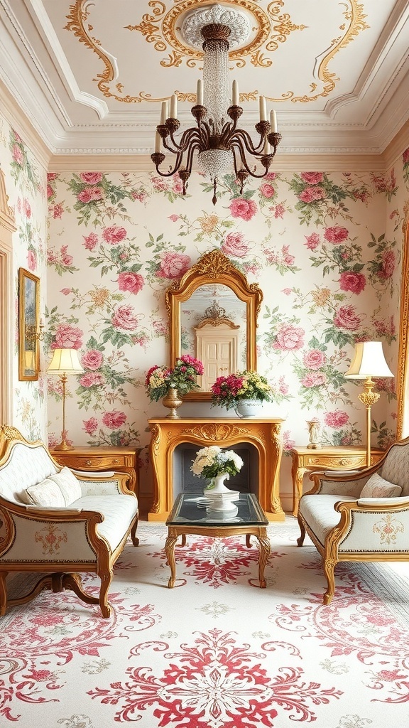 A beautifully decorated Rococo room featuring floral wallpaper, elegant furniture, and a chandelier.