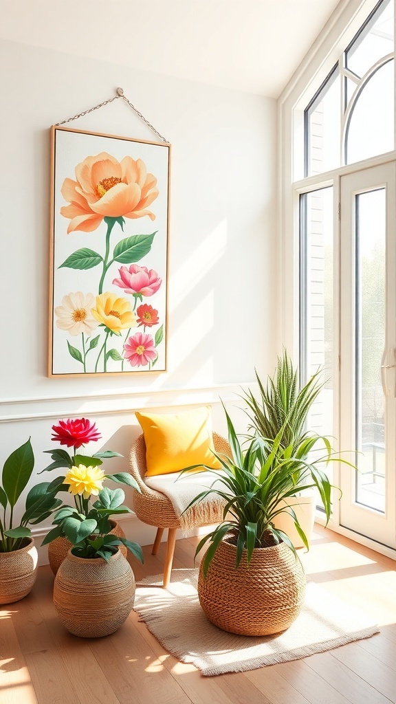 A bright room featuring a floral painting, cozy chair, and potted plants.