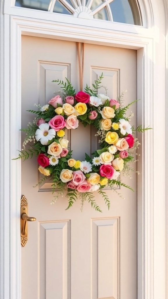 A colorful floral wreath made of pink, yellow, and white flowers hanging on a front door.