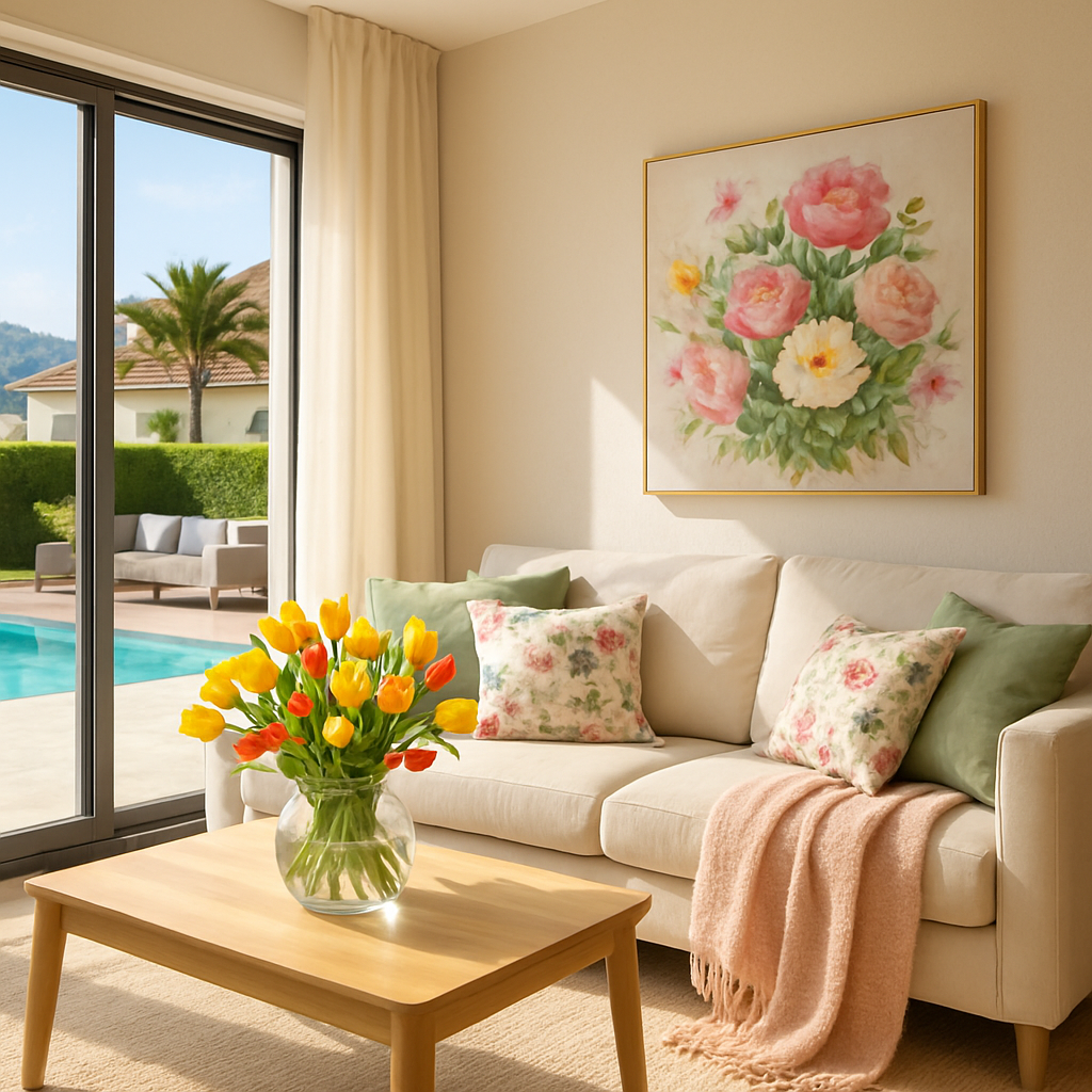 Ein helles Wohnzimmer mit floralen Akzenten, darunter ein Blumenstrauß, Kissen mit Blumenmustern und ein Gemälde mit Blumen.