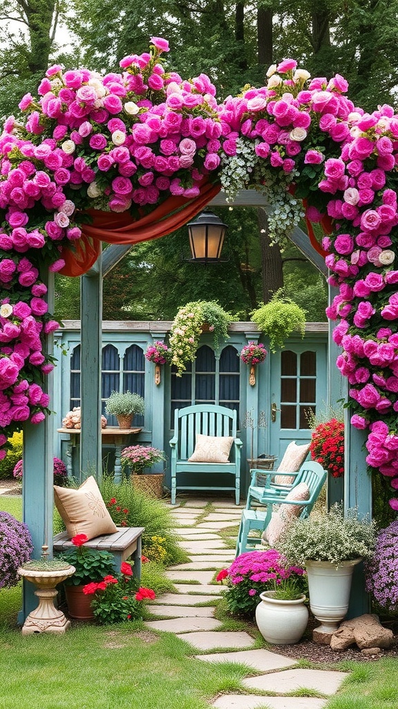 A flower-laden arbor with pink and white blooms, leading to a cozy seating area in a garden.