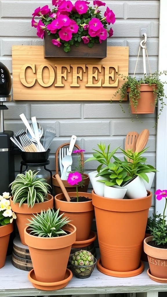A cozy outdoor coffee bar with flower pot coffee holders and a wooden 'COFFEE' sign.