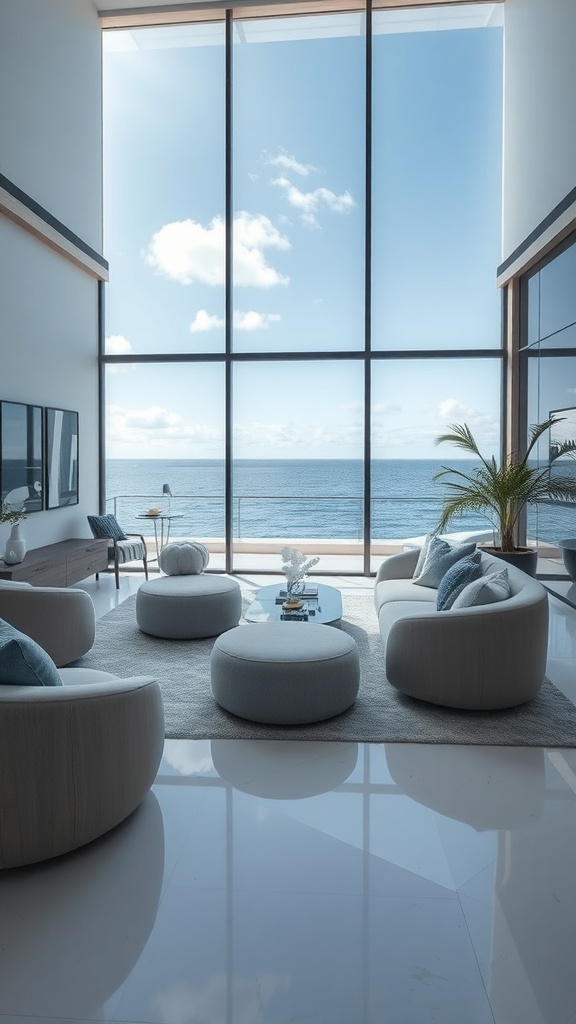 A modern living room with curved furniture and large windows overlooking the ocean.