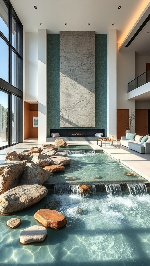 Interior featuring flowing water with rocks and modern design.