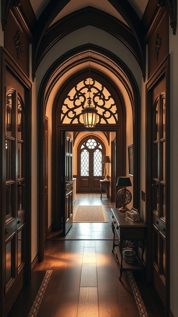Ein eleganter Flur mit gewölbten Decken und kunstvollen Details, der einen luxuriösen Eindruck vermittelt.