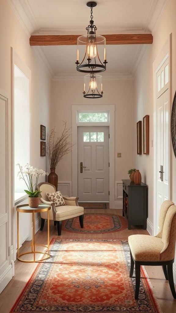 Flur im Landhausstil mit rustikalen Details, Holzbalken, eleganten Stühlen und Teppich