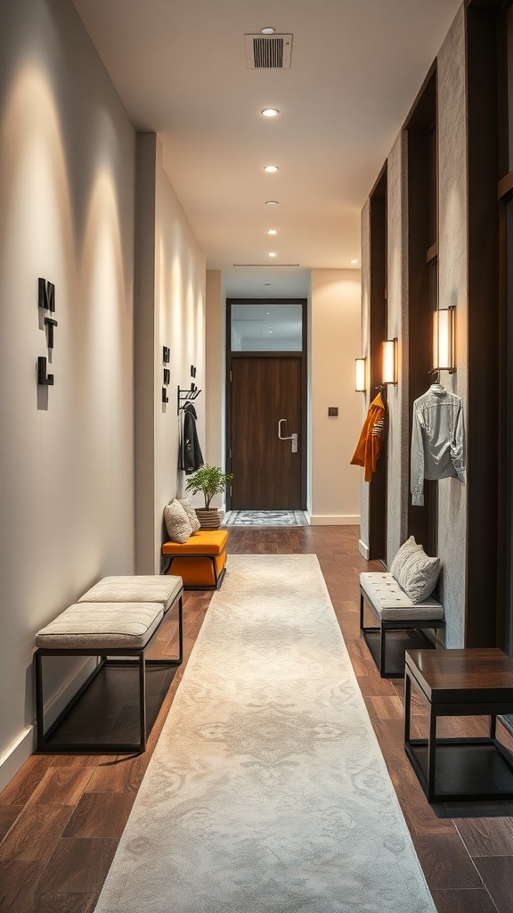 Ein moderner Flur mit funktionalen Möbeln, darunter Bänke und Tische, in einem stilvollen Design.