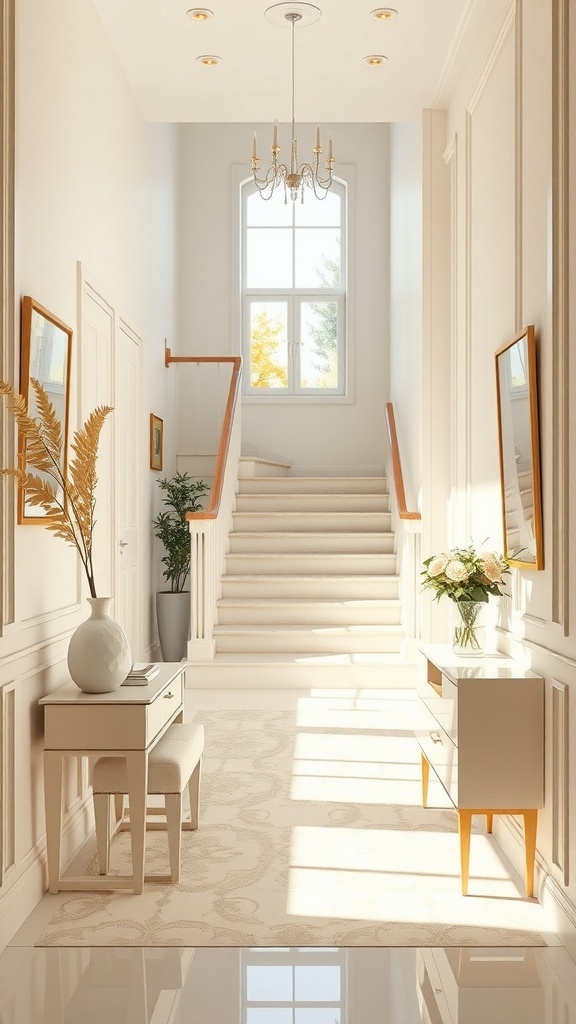 Heller Flur mit Treppe, Pflanzen und stilvollen Möbeln