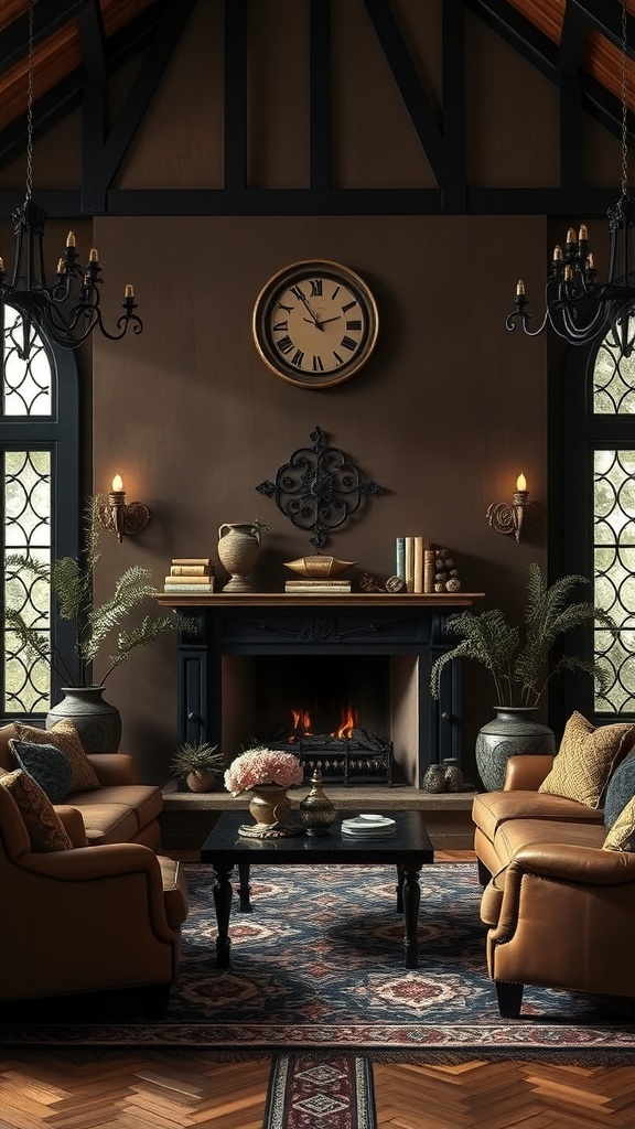 Gemütlicher Raum mit einem eleganten Kamin, Ledersofas und rustikaler Wanddekoration im modernen Gothic-Stil.