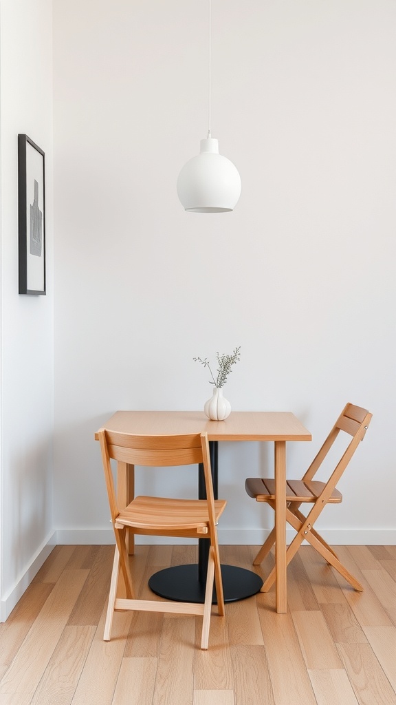 A small wooden table with two foldable chairs in a minimalist setting.
