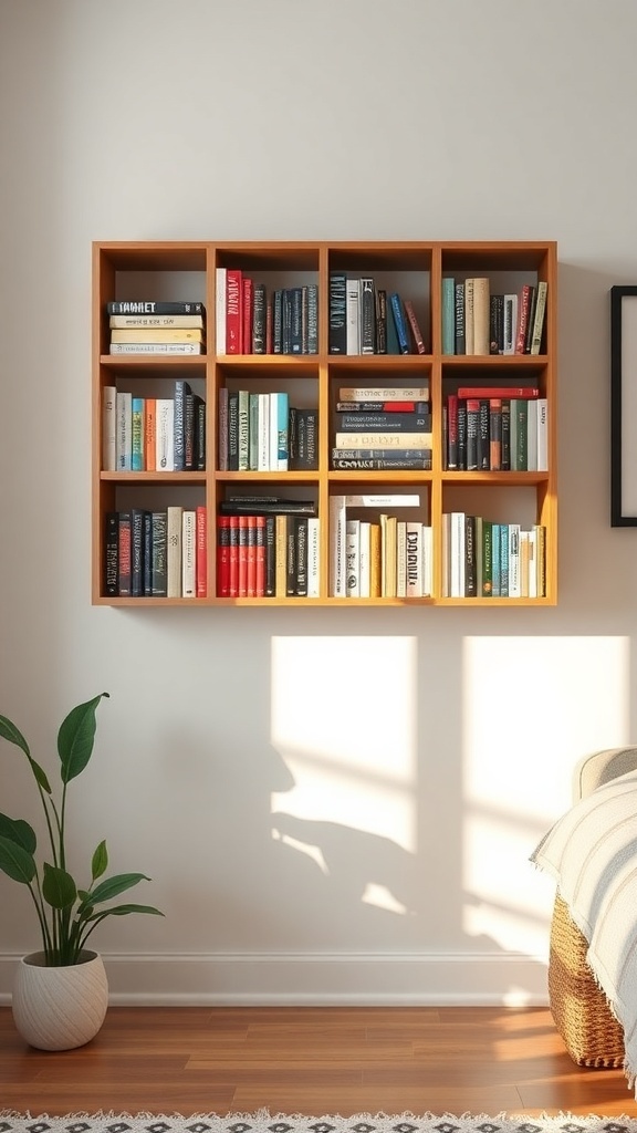 A wall-mounted foldable bookshelf filled with books, showcasing a stylish and space-saving design.