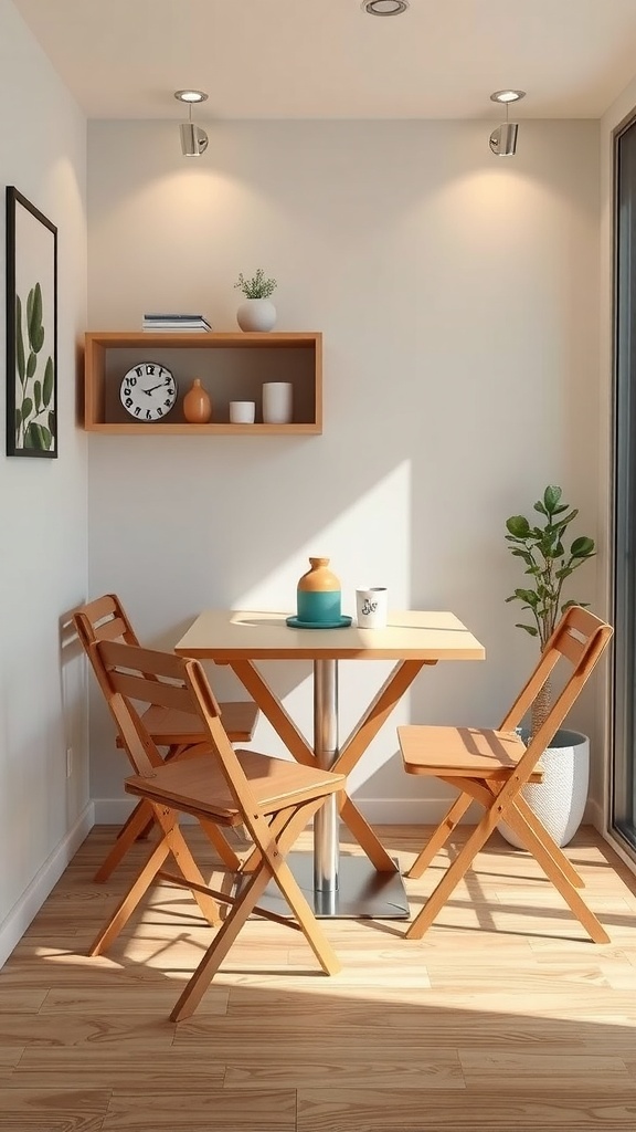 A foldable table and chairs in a small dining area with storage cabinets.