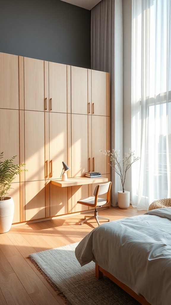 A cozy tiny bedroom featuring foldable furniture, warm wood tones, and natural light.