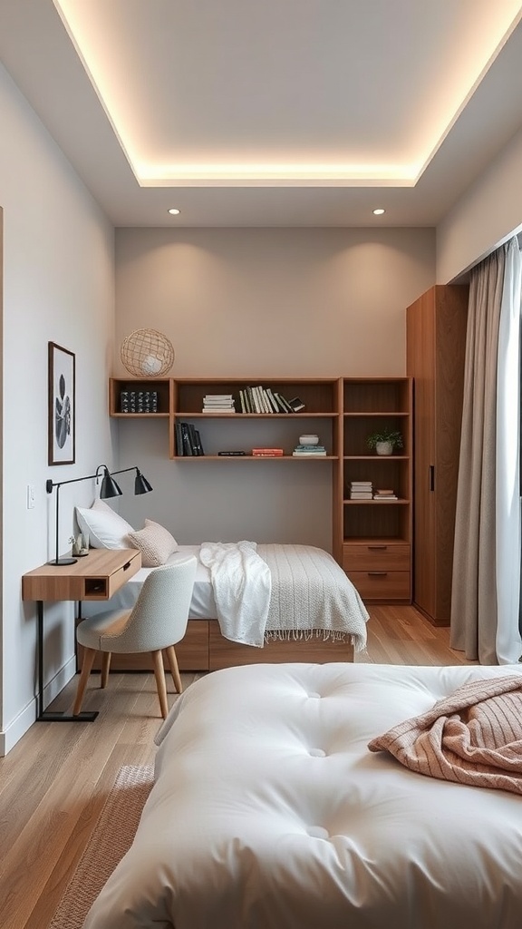 A modern small bedroom featuring foldable furniture, including a desk and chair, with warm wood tones and soft textiles.
