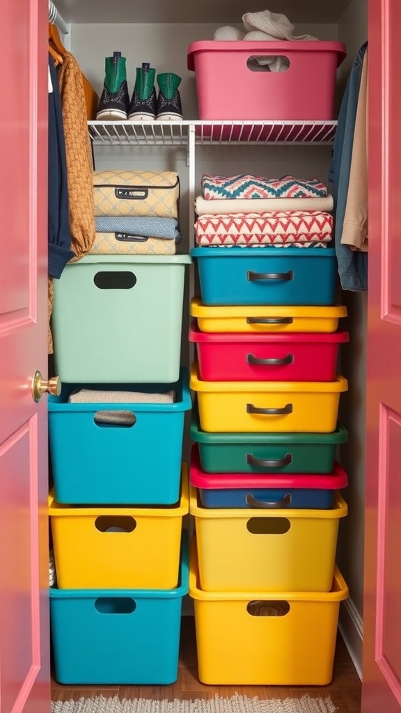 Colorful foldable storage bins stacked in a small closet.