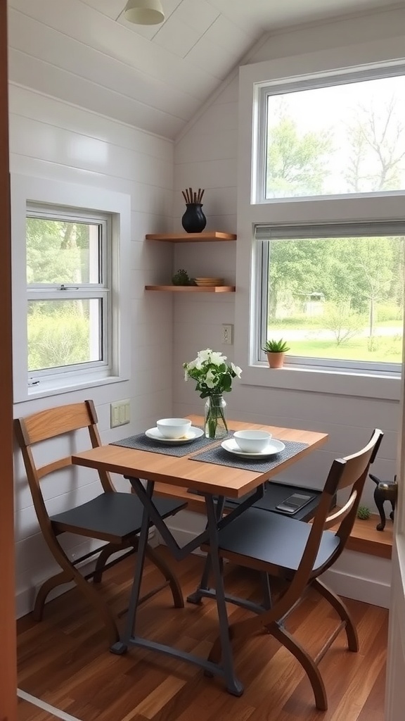 A small, foldable table with two chairs in a cozy kitchen area of a tiny home.