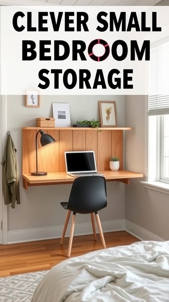 A foldable wall desk in a small bedroom with a laptop and lamp on it.