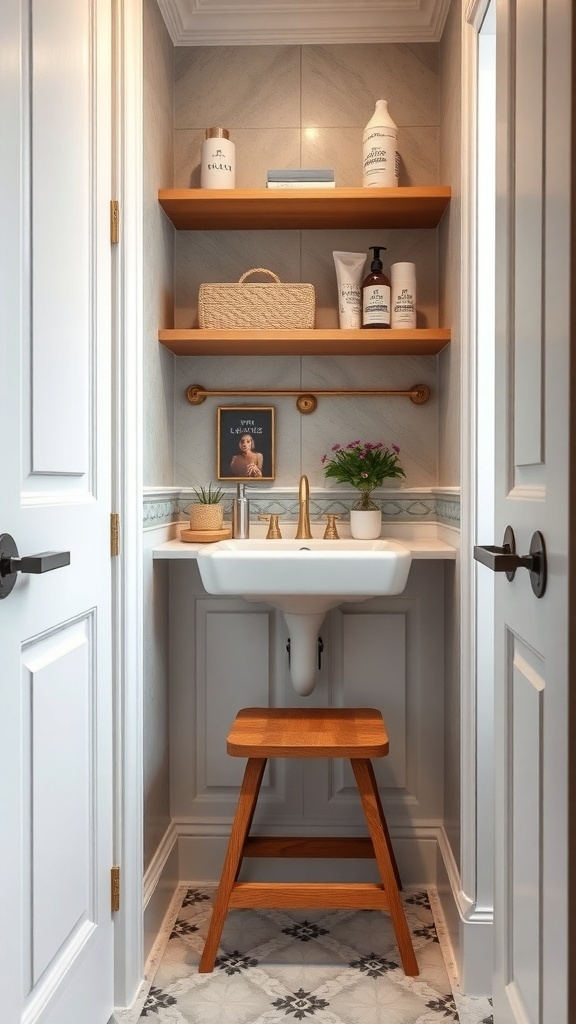 A small bathroom featuring a folding wooden step stool, stylish shelves, and a sink.