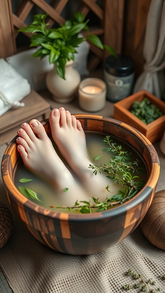 A wooden bowl filled with warm water and fresh herbs, with feet soaking in it.