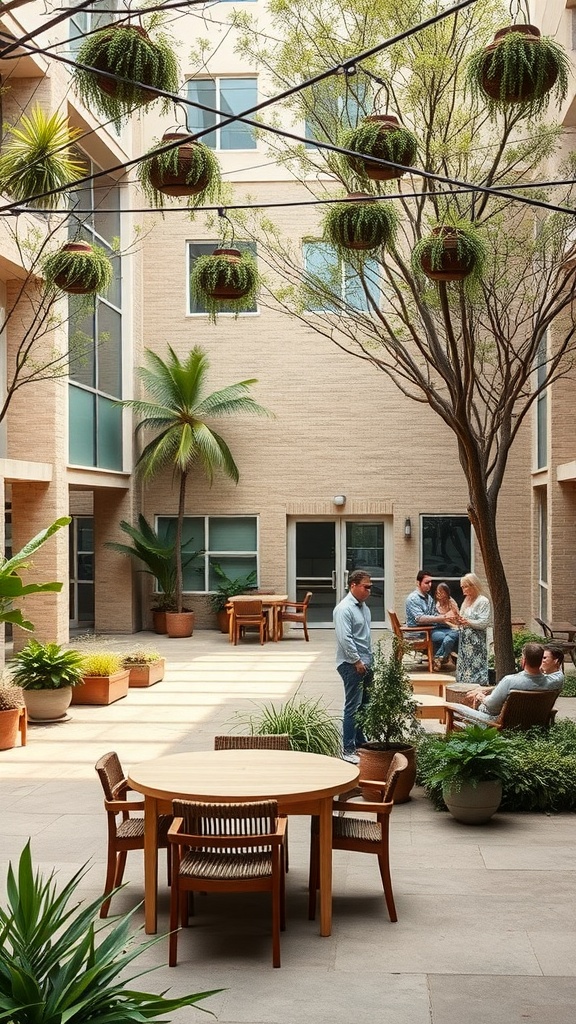 A cozy courtyard with wooden tables and chairs surrounded by greenery, where people are gathered and socializing.