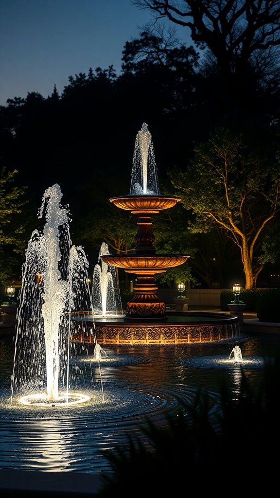 A beautifully illuminated fountain at night with LED lights, showcasing water features and surrounding greenery.