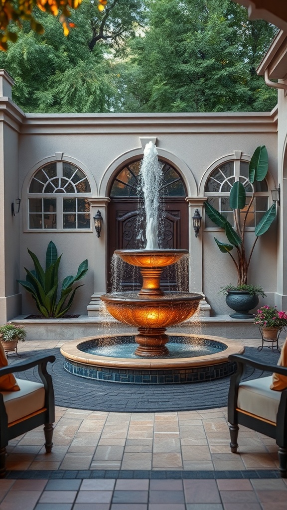 A beautiful entryway fountain surrounded by seating areas and lush greenery.