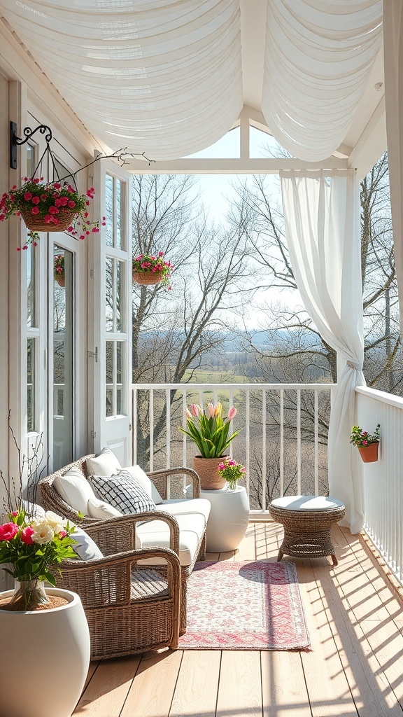 Ein heller Balkon mit Rattanmöbeln, bunten Blumen und sanften Vorhängen, ideal für den Frühling.